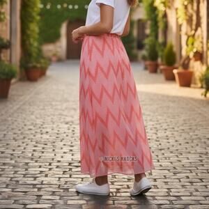 A Byer Chevron Print Chiffon Maxi Skirt Coral Pink Side Slit Boho Beach Size S